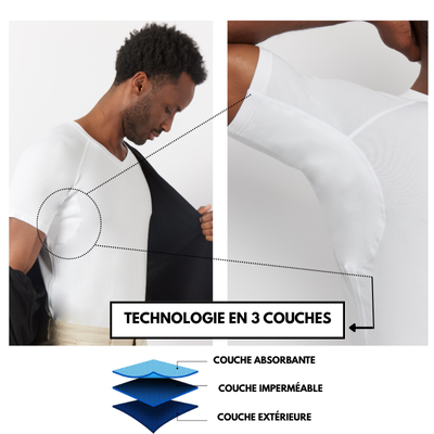 Schéma de la technologie anti-transpiration d’un t-shirt homme avec le vêtement complet porté à gauche et la coupe zoomée montrant les couches absorbantes à droite