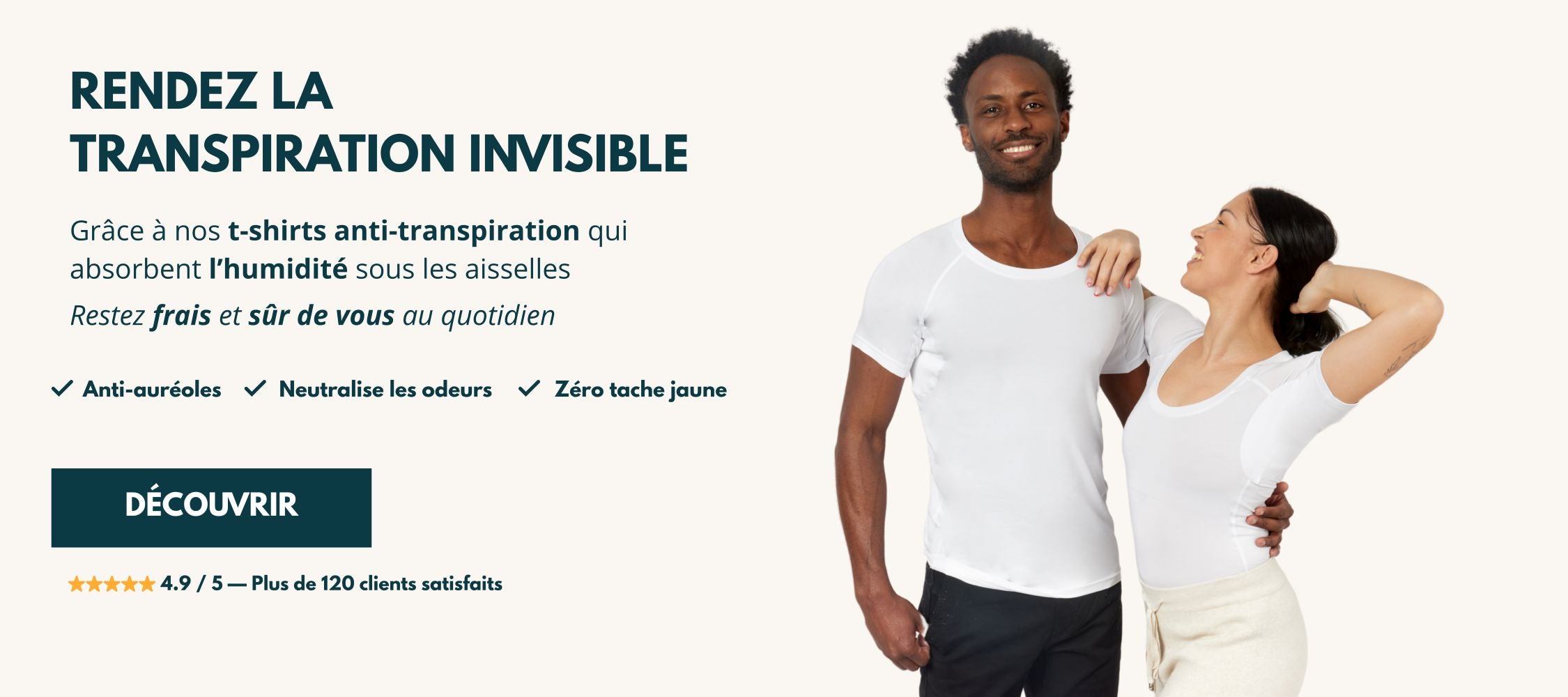 T-shirt anti-transpiration porté par un homme et une femme avec le texte, "Rendez la transpiration invisible".
